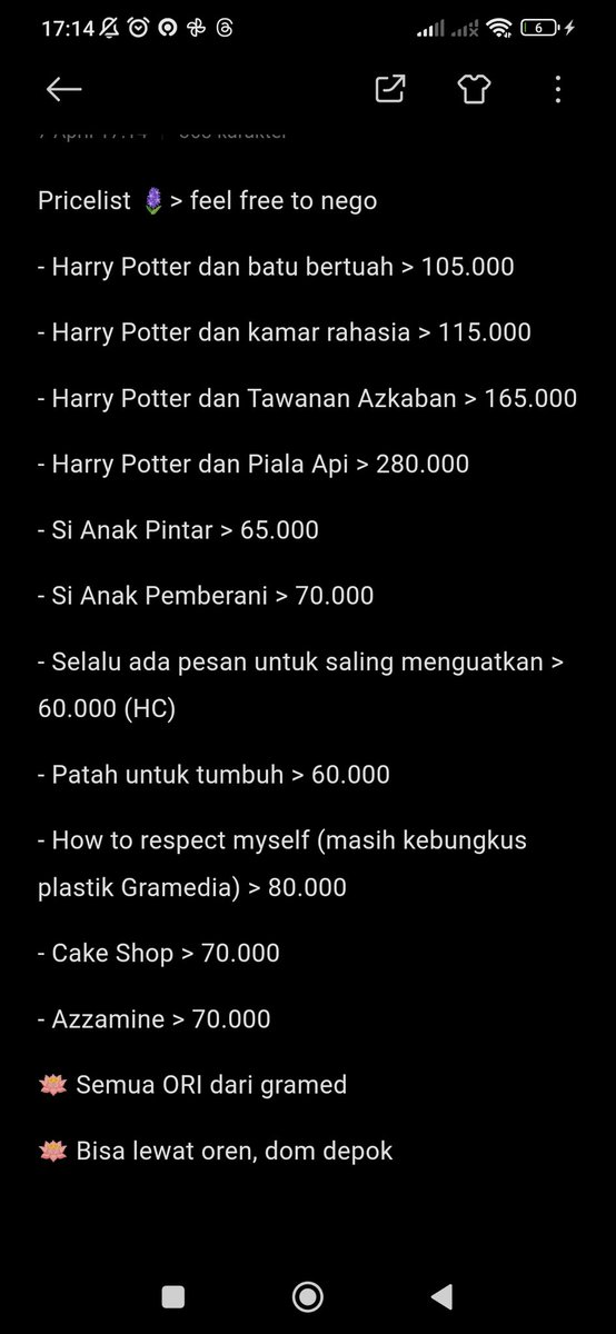 Want To Sell > Help RT please

Nego ajaa nego gapapaa, kalau mau beli lebih dari satuuu, nanti tak diskon. bisa oren, akuu dom depokk, lagi mau bersih bersih lemari buku nii! dm aja for condi

#preloved #helprt #indonesia #book #novel #wanttosell #wts #wtb #wtt #wta #bukufiksi