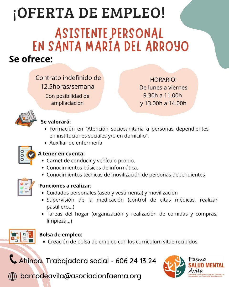 FAEMA SALUD MENTAL ÁVILA (@avilafaema) on Twitter photo ❗❗OFERTA DE EMPLEO❗❗
Si quieres trabajar o conoces a alguien que quiera trabajar, no dejes pasar esta oportunidad.
Más información:
☎ 606 24 13 24
📧 barcodeavila@asociacionfaema.org
🏠 C/ Capitán Méndez Vigo 10, bajo. 05003 Ávila
¡Seguimos apostando por el #MedioRural! ❗❗OFERTA DE EMPLEO❗❗
Si quieres trabajar o conoces a alguien que quiera trabajar, no dejes pasar esta oportunidad.
Más información:
☎ 606 24 13 24
📧 barcodeavila@asociacionfaema.org
🏠 C/ Capitán Méndez Vigo 10, bajo. 05003 Ávila
¡Seguimos apostando por el #MedioRural!