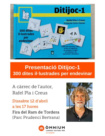 OmniumAltMar's tweet image. Aquest dissabte no et perdis la presentació del llibre “Ditijoc-1. 300 dites il·lustrades per endevinar”, amb el seu autor, Rafel Pla i Creus!
📅 Dissabte 12 d’abril
🕖 A les 17 h
📍 Fira del Ram de Tordera, a l'estand 13. Parc Prudenci Bertrana
Us hi esperem☺️