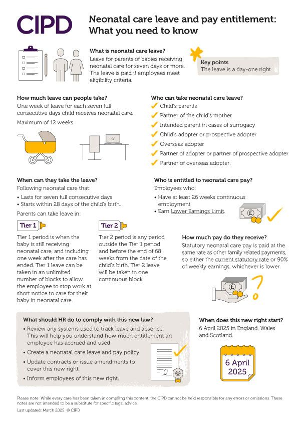 From yesterday, the Neonatal Care (Leave and Pay) Act will give new workplace rights to eligible parents. 

To help HR teams and employers prepare, we created an infographic with key information
🔎 Find out more: cipd.org/uk/knowledge/f…

#HR #EmploymentLaw #NeonatalCare #HRPolicy