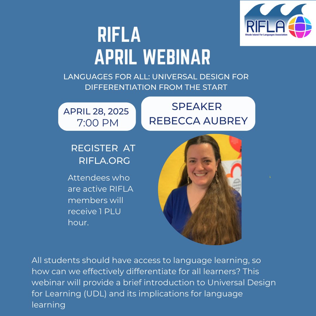 📷 April Webinar: "Languages for All: Universal Design for Differentiation from the Start" 📷

Join us as we explore how to create inclusive language learning environments that empower ALL students from day one! 

 Register at rifla.org/event-6144121
