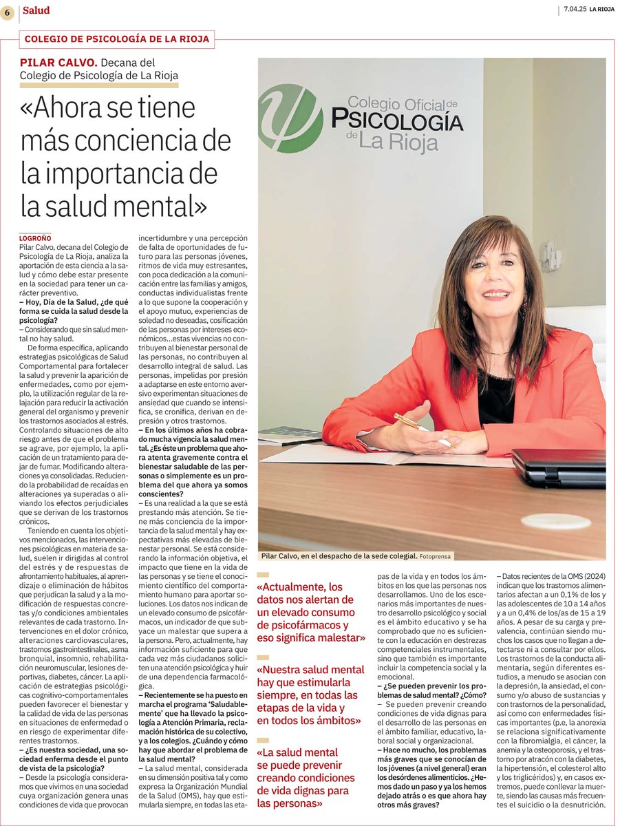 Entrevista a Doña Pilar Calvo, Decana del <a href="/COP_La_Rioja/">COP La Rioja</a> en el suplemento de Salud del <a href="/lariojacom/">lariojacom</a>  #diamundialdelasalud