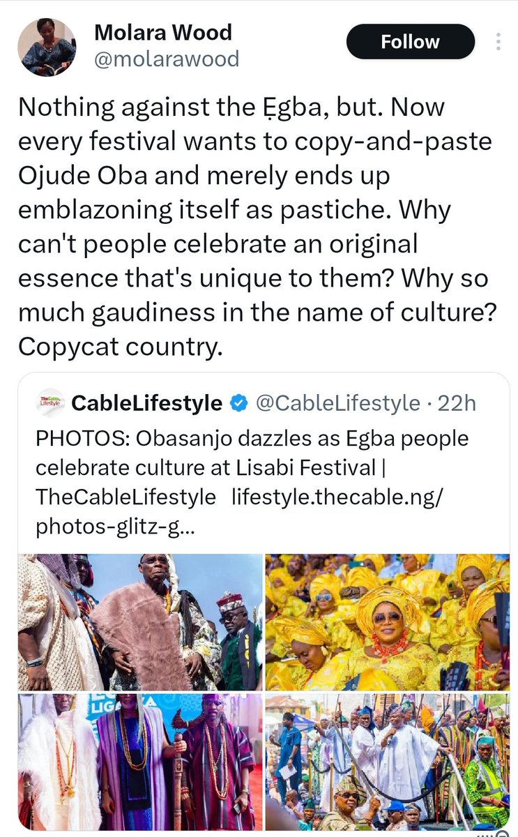 ...gb'ọrọ burúkú l'ẹnu critic isọnù - diasporan ọmọ oko Ilaṣé 🫣

"but" others can exhume their great ancestors' armoires for antiquated attires &amp; get to adorn same at their next cultural festivals just to  keep it "original" and stop the copycat of Ìjèbús' Ojúde Ọba 🤡