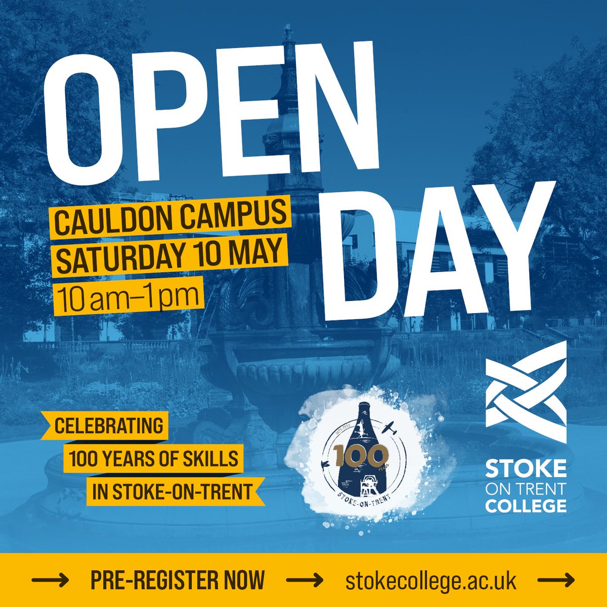 We are excited to welcome the community to our FREE 'Skills in the Park' Open Day on Saturday 10 May 2025! ⛲🌲

To celebrate Stoke-on-Trent's centenary year, we have partnered with <a href="/SoTCityCouncil/">Stoke-on-Trent CC</a> to bring you a fun-filled activity day at our Cauldon campus! 🥳

Come along and