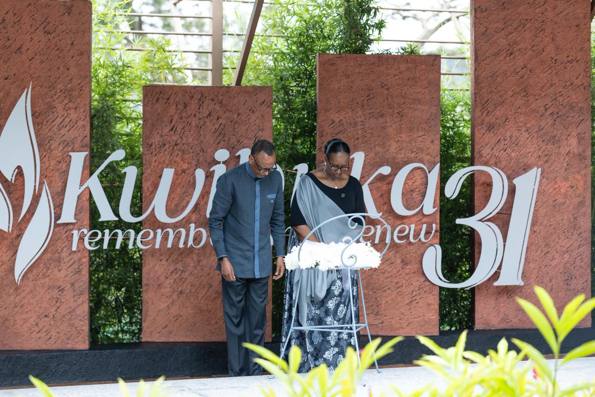 UrugwiroVillage's tweet photo. President Kagame and First Lady Jeannette Kagame join Rwandans at the Kigali Genocide Memorial and across the world as they mark the start of the 31st commemoration of the 1994 Genocide Against the Tutsi. They honored the over million innocent lives lost by laying a wreath and lighting the Flame of Remembrance, which will burn for the next 100 days. President Kagame is now delivering remarks during the National Remembrance Ceremony.
