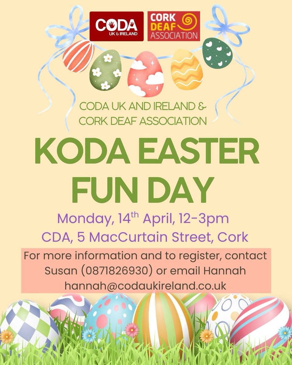 Click on link to register … 

eventbrite.ie/e/koda-easter-… <a href="/codaukireland/">CODA UK and Ireland</a> @corkdeafassociation <a href="/IrishDeafSoc/">Irish Deaf Society</a> <a href="/CarersIreland/">Family Carers Ireland</a> <a href="/HSELive/">HSE Ireland</a> <a href="/ChimeFor/">Chime National Charity for Deafness & Hearing Loss</a> <a href="/ChildRightsIRL/">Children's Rights Alliance</a> <a href="/dcediy/">Children, Equality, Disability, Integration, Youth</a> <a href="/ChimeFor/">Chime National Charity for Deafness & Hearing Loss</a> <a href="/_IHREC/">Irish Human Rights & Equality Commission</a> <a href="/codaintl/">CODA International</a>