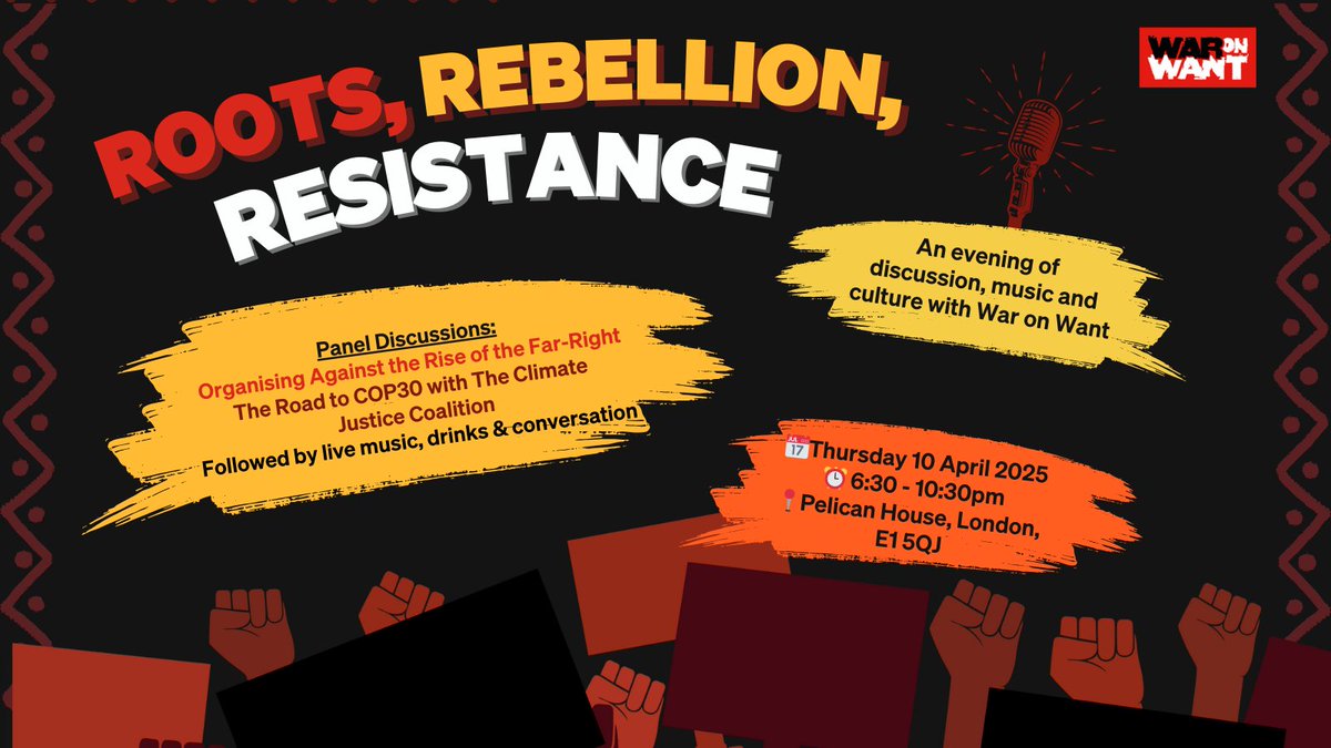 Join us for an evening of radical discussion, live music, solidarity and relationship-building at Roots, Rebellion, Resistance in London on Thursday!

We're hosting a panel on the Road to Belém and COP30 —  get your ticket now 👉 secure.waronwant.org/page/167898/ev…