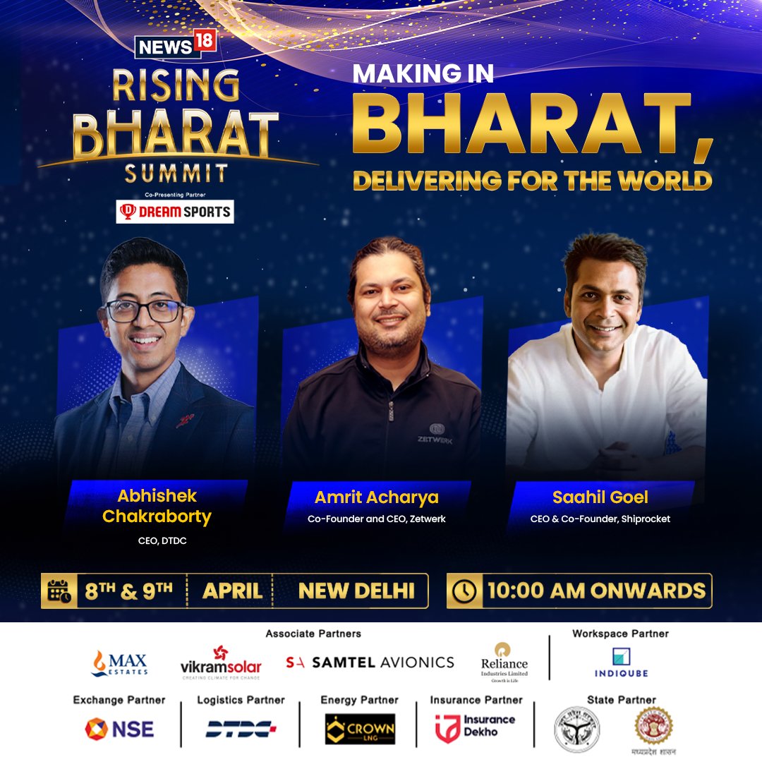 What’s next for Bharat’s global supply chain dominance? From logistics to large-scale manufacturing, DTDC's Abhishek Chakraborty, Shiprocket's Saahil Goel &amp; Zetwerk's Amrit Acharya share key insights at News18 Rising Bharat Summit 2025.

<a href="/DreamSportsHQ/">Dream Sports</a> <a href="/Max_Estates/">Max Estates</a> <a href="/VikramSolar/">Vikram Solar</a>