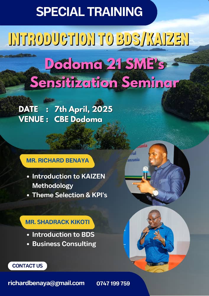 🚀 Today in Dodoma | April 7, 2025
During the #Dodoma21 SMEs Seminar,our certified BDSP <a href="/shadkikoti/">Mshaddy TM</a> of <a href="/katubuka_tz/">Katubuka Community Consult</a> led a powerful session on BDS &amp; KAIZEN—boosting SME capacity through practical business insights. 💡📊
#SMEs #BDS #KAIZEN #BusinessGrowth #Dodoma