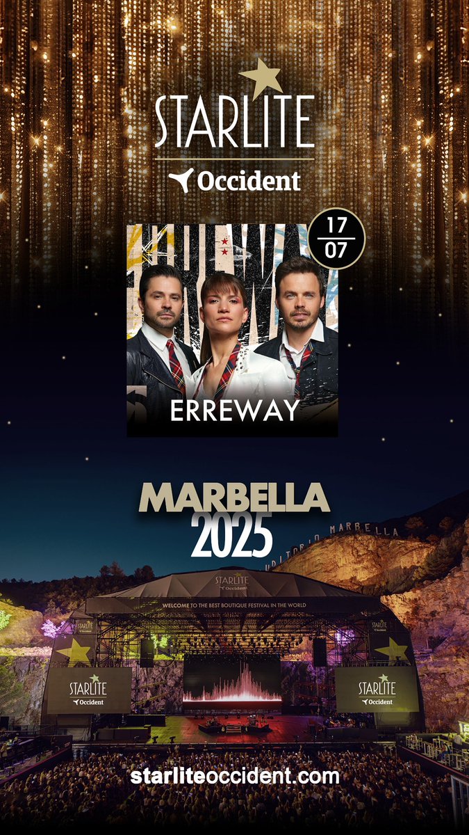 Starlite Festival (@starlitefest) on Twitter photo ⚠️ <a href="/errewaytour/">Erreway Tour</a> estarán en #StarliteOccident2025
📍🗓️ Jueves, 17 de julio en MARBELLA
🎫 Regístrate ya en nuestra web (starliteoccident.com) y podrás acceder en EXCLUSIVA a la PREVENTA de mañana (10:00)
🌴*ENTRADAS generales a la venta este mismo martes, 8 de abril, a las ⚠️ <a href="/errewaytour/">Erreway Tour</a> estarán en #StarliteOccident2025
📍🗓️ Jueves, 17 de julio en MARBELLA
🎫 Regístrate ya en nuestra web (starliteoccident.com) y podrás acceder en EXCLUSIVA a la PREVENTA de mañana (10:00)
🌴*ENTRADAS generales a la venta este mismo martes, 8 de abril, a las