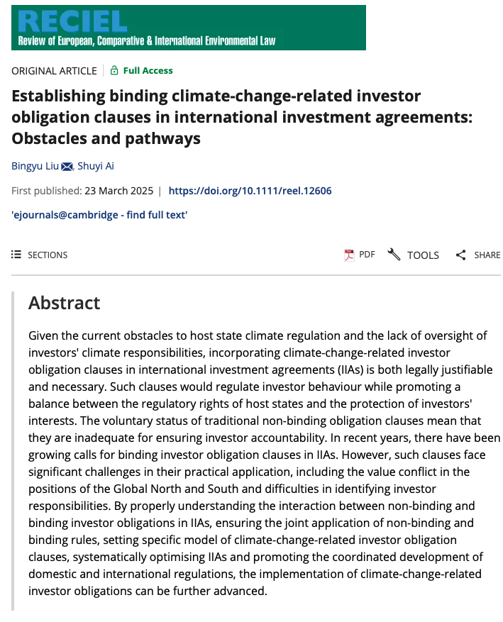RECIELjournal's tweet image. Can international investment law align with climate goals?

doi.org/10.1111/reel.1…

In @RECIELjournal, Bingyu Liu &amp;amp; Shuyi Ai argue it must, proposing binding investor obligations in IIAs as a way forward.