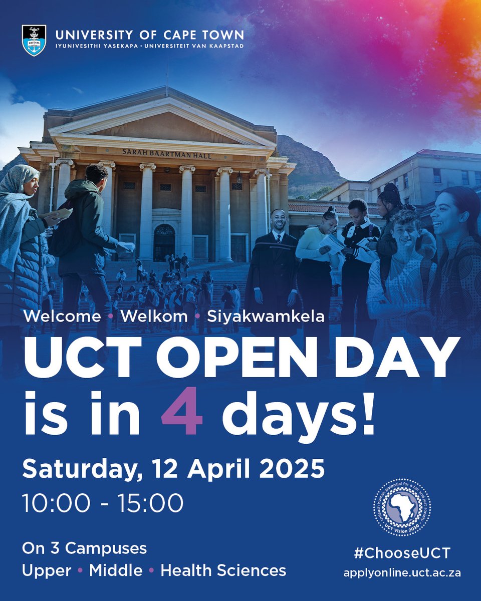 Future UCT students, this is for you!

The annual UCT Open Day programme will take place on Saturday, 12 April 2025 from 10:00 to 15:00 across our three campuses – upper, middle and health sciences.

Explore different study options, attend faculty exhibitions and get all your