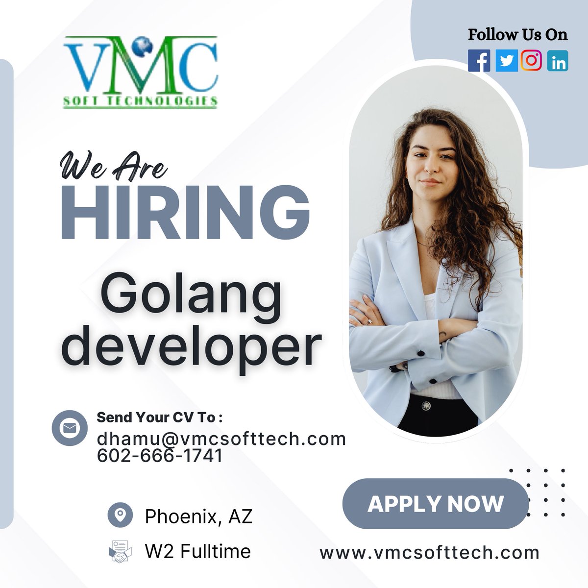 vmc_softtech's tweet image. VMC Soft Technologies looking for a Golang developer in Phoenix, AZ
Job Title: Golang developer
Location: Phoenix, AZ
Contract: W2 Full-Time
For more details: dhamu@vmcsofttech.com/ 602-666-1741
Apply Now: vmcsofttech.com/careers/
#golangdeveloper #golang #softwareengineer