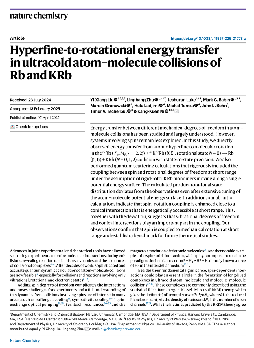 Our new research article on "Hyperfine-to-rotational energy transfer in ultracold atom-molecule collisions of Rb and KRb" was just published in <a href="/NatureChemistry/">Nature Chemistry</a> with our excellent postdocs Dr Marcin Gronowski <a href="/Gronowski_M/">Marcin Gronowski</a> and Dr Hela Ldjimi <a href="/LadjimiHela/">Hela Ladjimi</a>
nature.com/articles/s4155…
