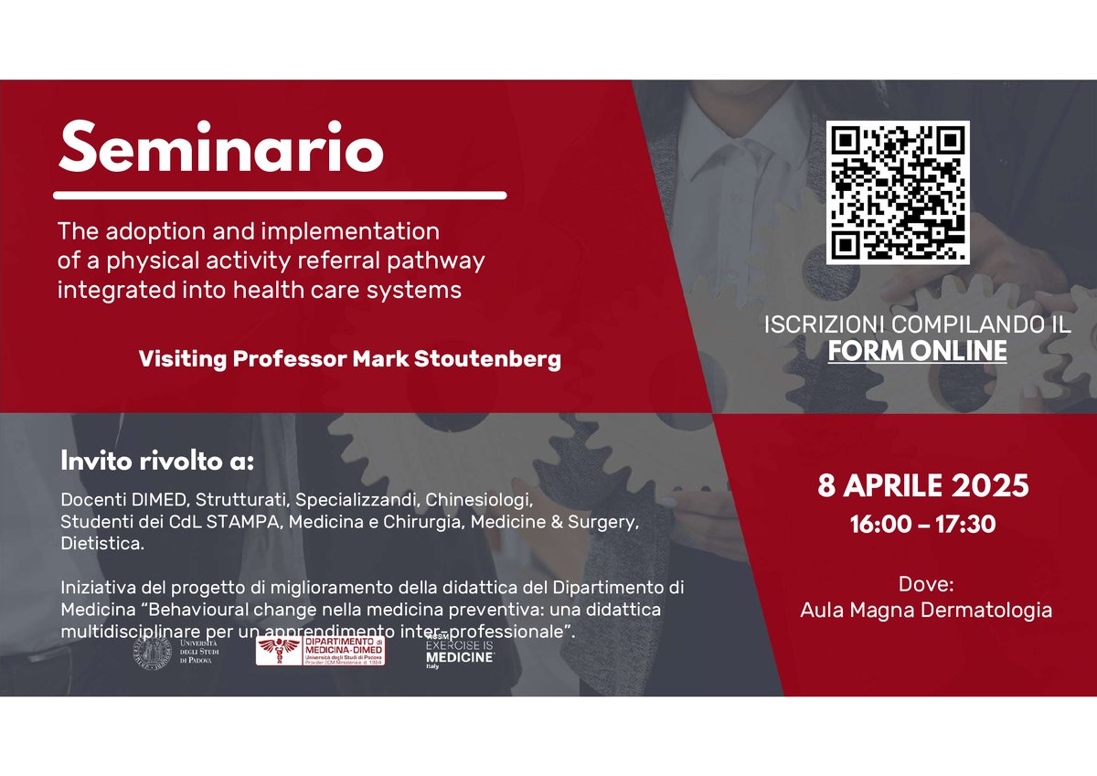 Unipd Medicina (@unipd_medicina) on Twitter photo "REMINDER
Seminario scientifico âThe adoption and implementation of a physical activity referral pathway integrated into health care systemsâ con il Prof. Mark Stoutenberg, PhD, MSPH, attuale Visiting Professor al DIMED.
8 Aprile 2025 ore 16-Aula Magna Dermatologia <a href="/UniPadova/">Università di Padova</a> "REMINDER
Seminario scientifico âThe adoption and implementation of a physical activity referral pathway integrated into health care systemsâ con il Prof. Mark Stoutenberg, PhD, MSPH, attuale Visiting Professor al DIMED.
8 Aprile 2025 ore 16-Aula Magna Dermatologia <a href="/UniPadova/">Università di Padova</a>
