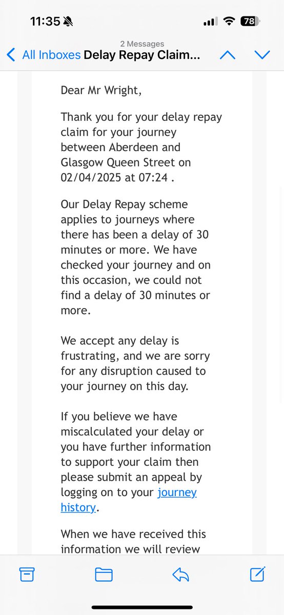 Hello, <a href="/ScotRail/">ScotRail</a>. This train was cancelled, and we had to drive to Glasgow instead. Your system now won’t let me log in to submit an appeal. What would you like me to do?