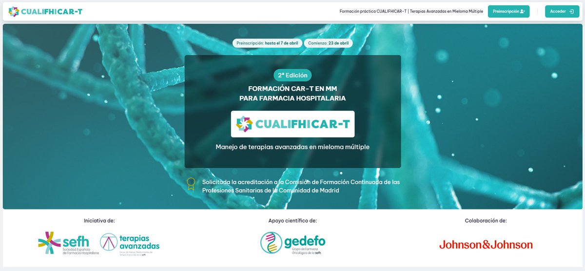 S.E.F.H (@sefh_) on Twitter photo Último día para preinscribirse en la 2ª edición de CUALIFHICAR-T. Manejo de Terapias Avanzadas en Mieloma Múltiple <a href="/sefh_/">S.E.F.H</a> <a href="/TerAvanza_sefh/">Medicamentos de Terapia Avanzada - SEFH</a> con apoyo de <a href="/gedefo_sefh/">GEDEFO</a> y colab de <a href="/JNJInnovMedES/">J&J Innovative Medicine España</a>
🗓️Inicio: 23 abril
🏥Incluye estancia presencial en centros especializados
‼️Plazo Último día para preinscribirse en la 2ª edición de CUALIFHICAR-T. Manejo de Terapias Avanzadas en Mieloma Múltiple <a href="/sefh_/">S.E.F.H</a> <a href="/TerAvanza_sefh/">Medicamentos de Terapia Avanzada - SEFH</a> con apoyo de <a href="/gedefo_sefh/">GEDEFO</a> y colab de <a href="/JNJInnovMedES/">J&J Innovative Medicine España</a>
🗓️Inicio: 23 abril
🏥Incluye estancia presencial en centros especializados
‼️Plazo
