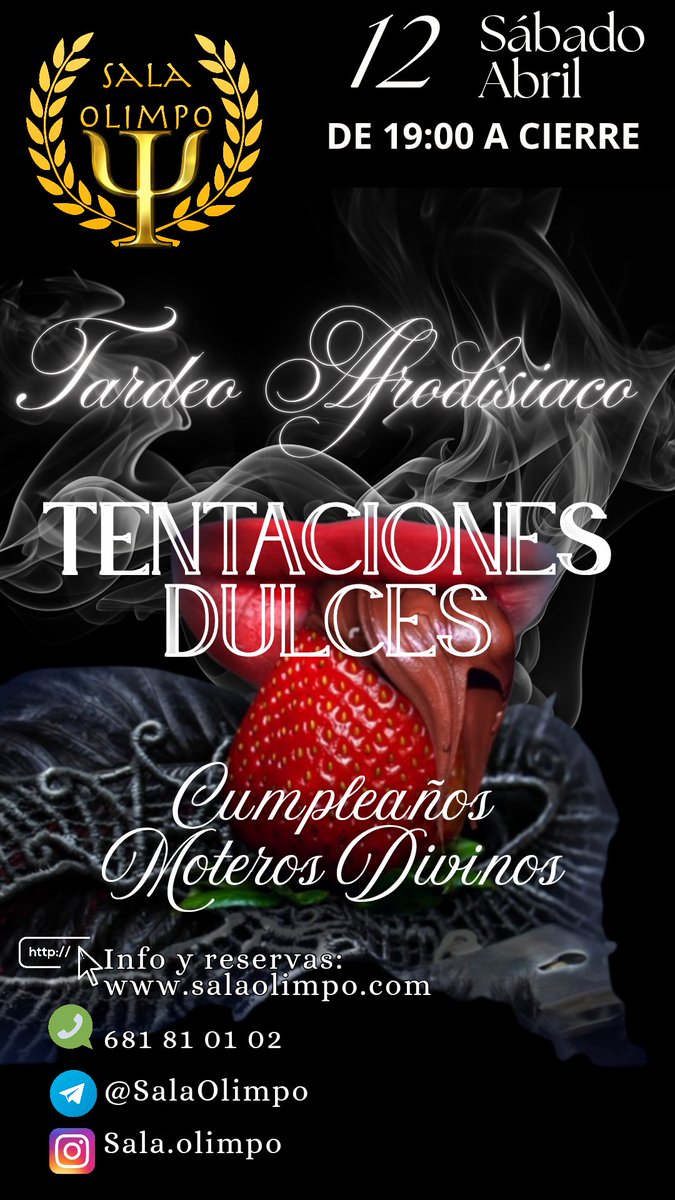 Sábado 12 de abril desde las 19:00 h

La pasión se sirve en bandeja… y en cada bocado. ✨ Este 12 de abril, déjate seducir por un tardeo lleno de sabores, aromas y sensaciones irresistibles.

️ Reserva tu lugar en Telegram @Sala.Olimpo