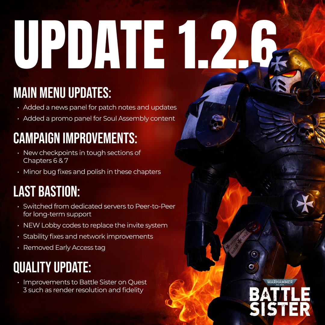 Battle Sister Update 1.2.6 is now live!
Including quality of life improvements, better multiplayer connectivity, and enhanced support for Meta Quest 3 devices.

Full patch notes: