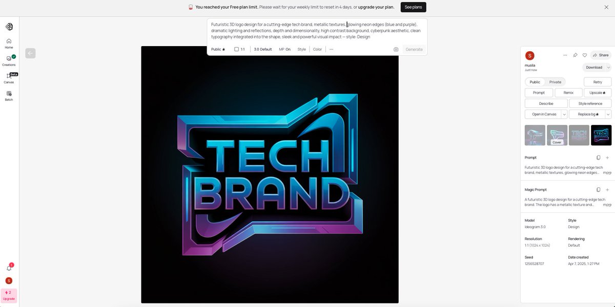 M_Silah's tweet image. Just dropped this glowing 3D logo made with #Ideogram2.0 -  clean, bold, and built to stand out. Design meets imagination.✨
🖌️ Style: Design
🎨 Palette: Neon blues + purples
#LogoDesign #GenerativeAI #Ideogram #ALX_AiSK @alx_africa