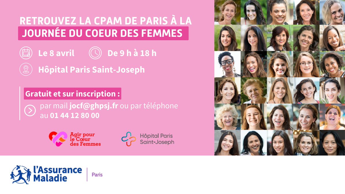Assurance Maladie de Paris (@cpam_75) on Twitter photo J-1 🚨
⏳ La Journée du cœur des femmes, c’est demain ! L'occasion de faire le point sur sa santé cardiovasculaire.
📅 Mardi 8 avril de 9h à 18h
📍 Hôpital Paris Saint-Joseph
📩 Inscription : jocf@ghpsj.fr ou au 01 44 12 80 00
Prévenir, c’est agir ! 💪 J-1 🚨
⏳ La Journée du cœur des femmes, c’est demain ! L'occasion de faire le point sur sa santé cardiovasculaire.
📅 Mardi 8 avril de 9h à 18h
📍 Hôpital Paris Saint-Joseph
📩 Inscription : jocf@ghpsj.fr ou au 01 44 12 80 00
Prévenir, c’est agir ! 💪