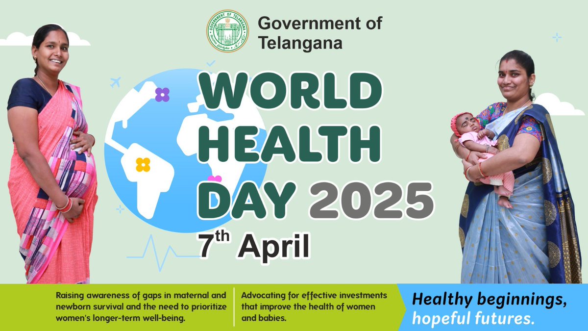 CHFW & NHM Telangana (@chfw_nhmtg) on Twitter photo This #WorldHealthDay, let's commit to healthy beginnings and hopeful futures.
Prioritize maternal & newborn health.
Invest in women's long-term well-being.
#HealthForAll #MaternalHealth #WorldHealthDay2025
<a href="/MoHFW_INDIA/">Ministry of Health</a>
<a href="/TelanganaCMO/">Telangana CMO</a>
<a href="/MoHFW_Telangana/">Minister for Health Department, Telangana</a> This #WorldHealthDay, let's commit to healthy beginnings and hopeful futures.
Prioritize maternal & newborn health.
Invest in women's long-term well-being.
#HealthForAll #MaternalHealth #WorldHealthDay2025
<a href="/MoHFW_INDIA/">Ministry of Health</a>
<a href="/TelanganaCMO/">Telangana CMO</a>
<a href="/MoHFW_Telangana/">Minister for Health Department, Telangana</a>
