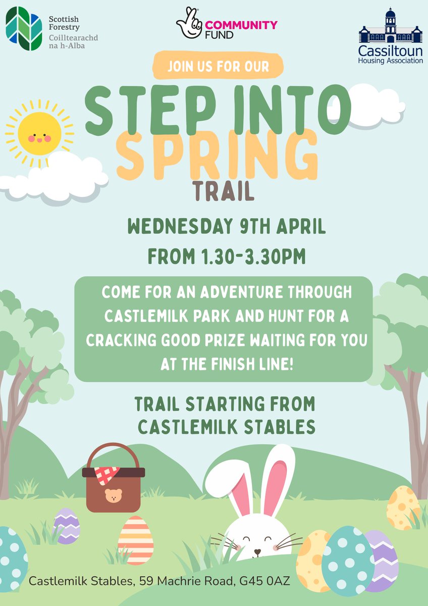 Join us in Castlemilk Park on Wednesday 9 April 1.30-3.30 for the Step Into Spring trail. 

There will be fun activities and chocolate prizes for children completing the trail. It’s free and open to everyone!