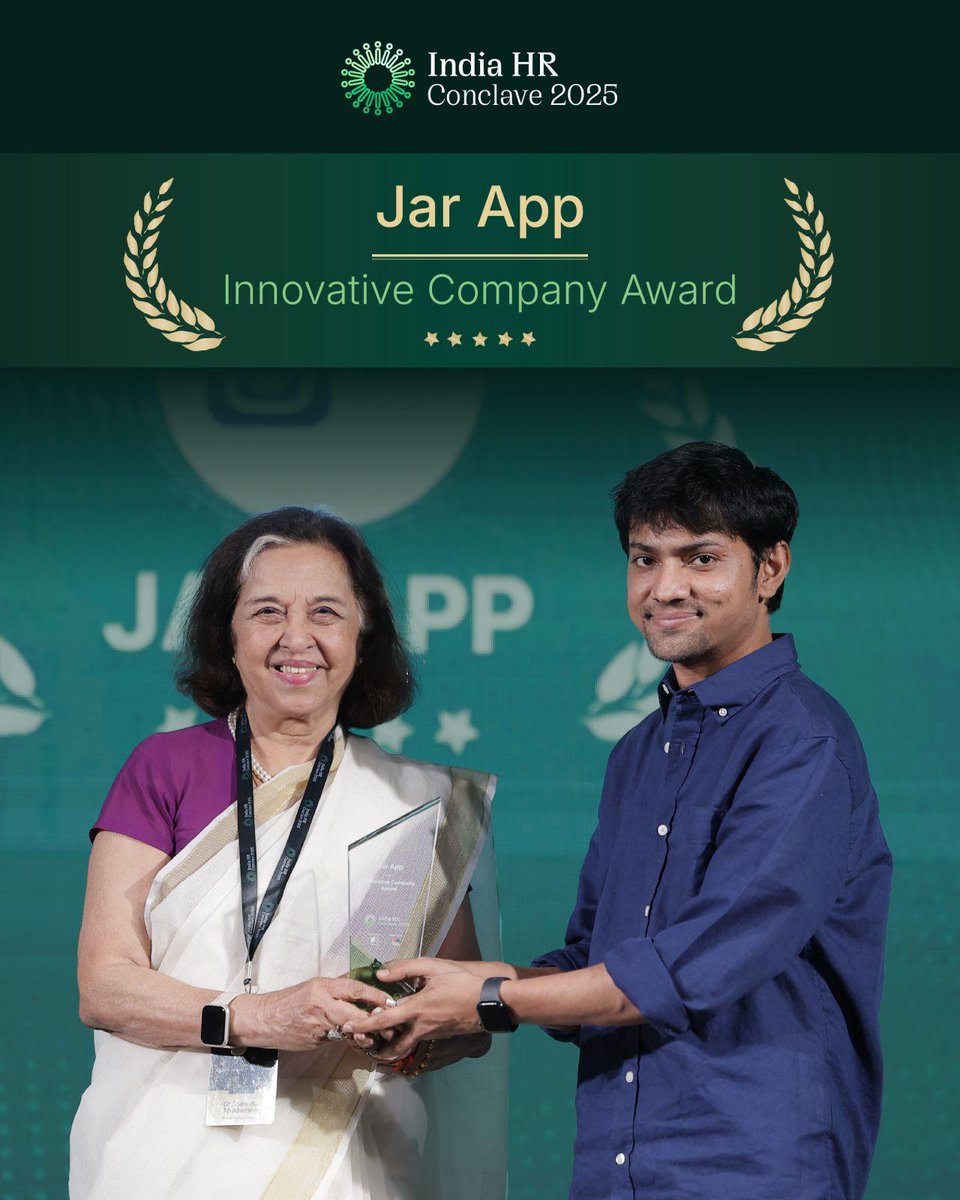 JarAppHQ's tweet photo. Honoured to have received the Innovative Company Award at the India HR Conclave 2025 powered by 1Finance & CNBC! ππ«
Hereβs to crafting the future of bold thinking, execution, and transformation!
@agNishchay @misbahspeaks
#JarFam #EmployeeWellBeing #IndiaHRConclave2025 https://t.co/UibjgNZp32