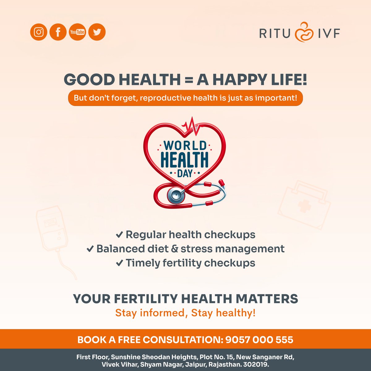 RITUIVF's tweet photo. Good health = A happy life!
But don’t forget, reproductive health is just as important!

✔️ Regular health checkups
✔️ Balanced diet &amp; stress management
✔️ Timely fertility checkups

Your fertility health matters—stay informed, stay healthy!

#WorldHealthDay #FertilityMatters https://t.co/BDaa7pLHWm