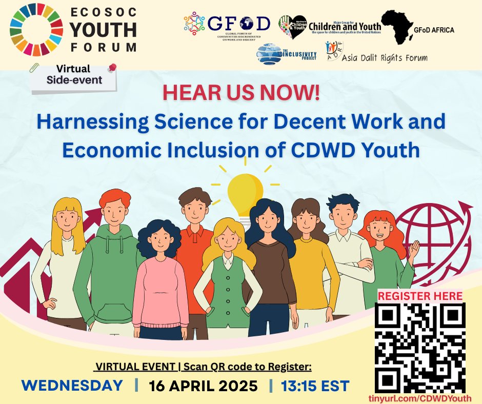 Centering #SDG8, this event will explore youth-driven innovations using science, technology to address discrimination in employment and economic participation. Join us on 16th April at 13:15 ET. Register NOW:
theinclusivityproject-org.zoom.us/meeting/regist…