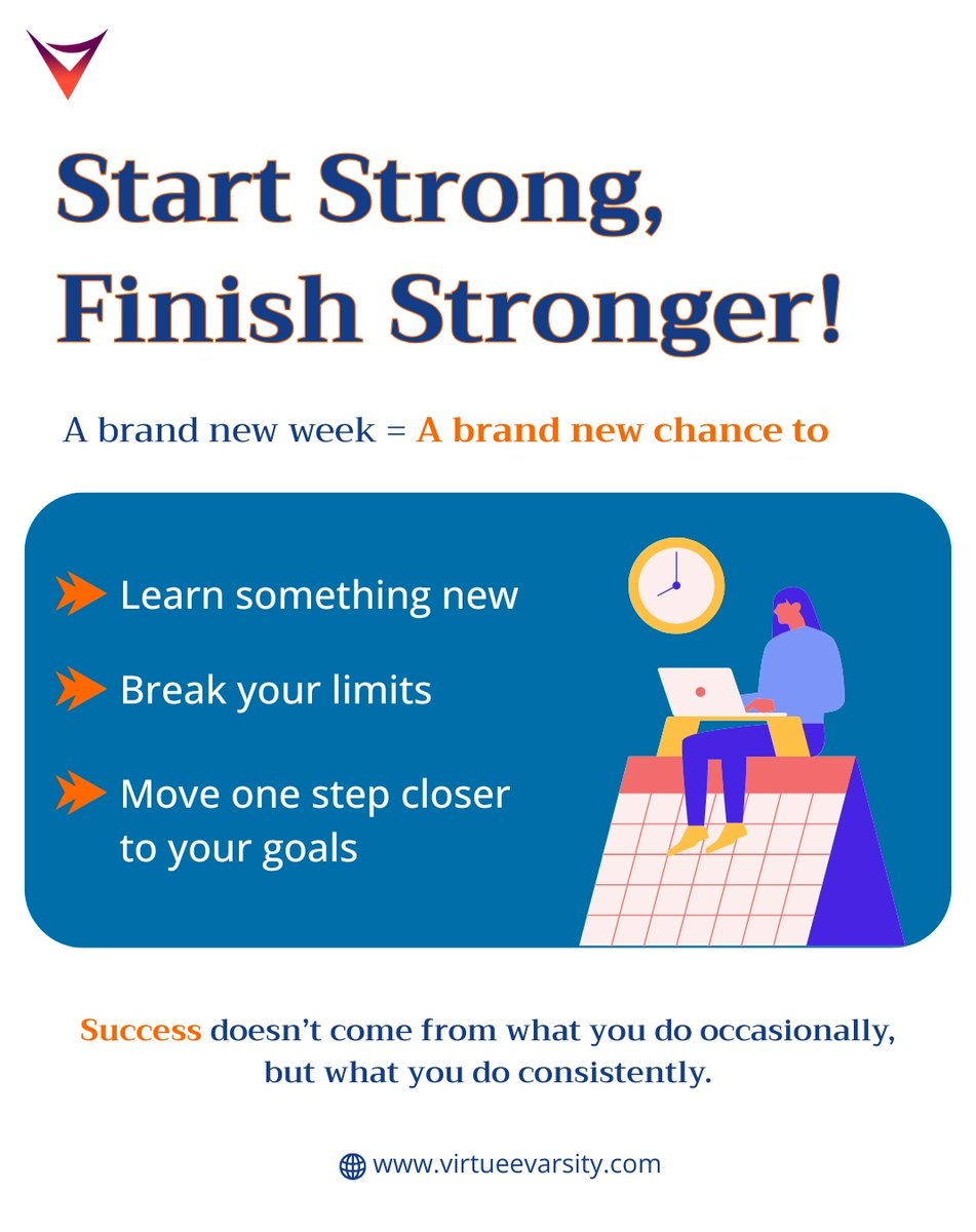 virtueevarsity's tweet image. Start your week with purpose! 💪

Ready to make your goals happen? Start learning today at 🌐virtueevarsity.com

#MondayMotivation #StartStrong #FinishStronger #NewWeekNewGoals #KeepLearning #BreakYourLimits #GoalGetter #VirtueeVarsity #OnlineLearning #SuccessMindset
