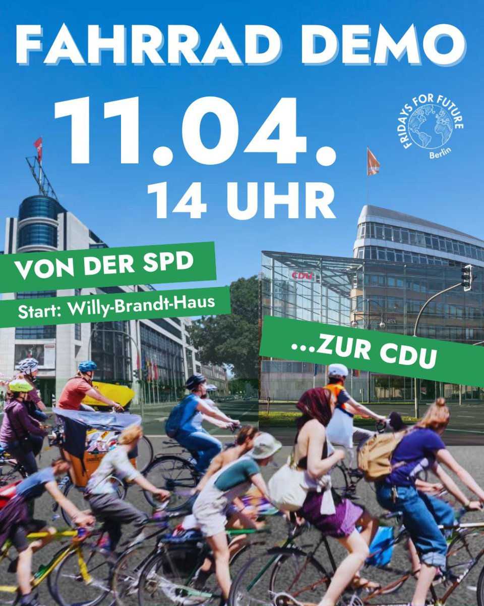 Fahrraddemo zum Globalen Klimastreik🌎
🗓️11.04.
🕑14 Uhr
📍SPD Parteizentrale (Willy-Brandt Haus) zur CDU Parteizentrale (Konrad Adenauer Haus)

Die Klimakrise eskaliert - überall auf der Welt🌏🔥

Und wir gehen deshalb gemeinsam auf die Straße ✊🌍💚— mit dem Fahrrad🚲