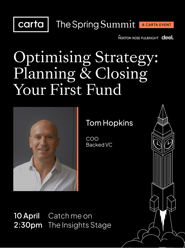 This week our COO Tom Hopkins will be live from <a href="/cartainc/">Carta</a>'s Spring Summit in London.

On Thursday 10th April, Tom will be sharing the spotlight with Gina King (Supernode Global), Jamesin Seidel (Chapter One), Ed Stubbings (British Emerging Manager Institute (BEMI)) who will be