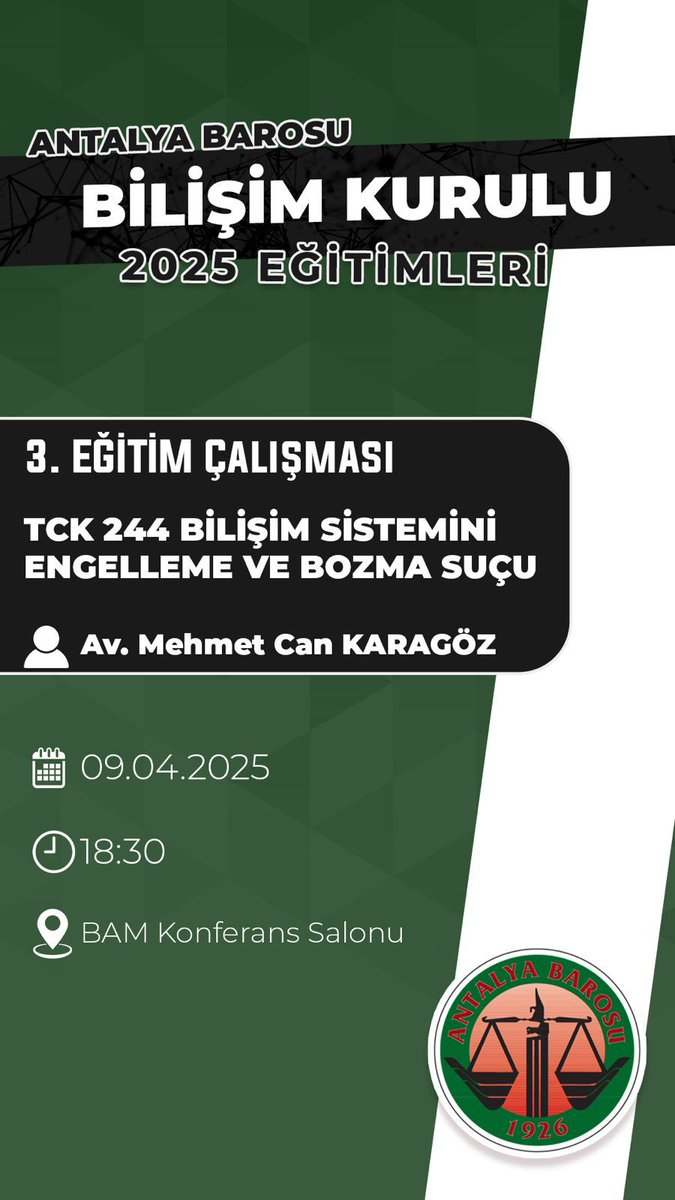 Bilişim Kurulu 2025 Yılı Eğitimlerinin üçüncüsü olan Av. Mehmet Can Karagöz tarafından verilecek TCK 244 Bilişim Sistemini Engelleme Ve Bozma Suçu konulu 09.04.2025  tarihli eğitime tüm meslektaşlarımızı bekliyoruz. <a href="/KaragozMCan/">Mehmet Can Karagöz</a>