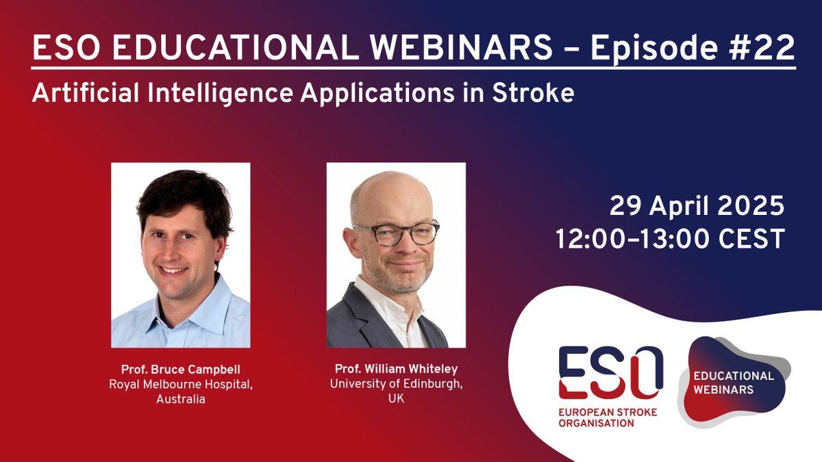 European Stroke Org (@esostroke) on Twitter photo 📆 #ESOWebinar | 29 April | 12:00–13:00 CET
Join Professors Bruce Campbell & William Whiteley for insights on AI in stroke care. 🔗 ow.ly/7LQH50VtSSv
🧠 Acute stroke tools
📊 EHR data & outcomes
#StrokeCare #StrokeResearch #Stroke #stroketwitter <a href="/esmintsociety/">ESMINT Society</a> 📆 #ESOWebinar | 29 April | 12:00–13:00 CET
Join Professors Bruce Campbell & William Whiteley for insights on AI in stroke care. 🔗 ow.ly/7LQH50VtSSv
🧠 Acute stroke tools
📊 EHR data & outcomes
#StrokeCare #StrokeResearch #Stroke #stroketwitter <a href="/esmintsociety/">ESMINT Society</a>