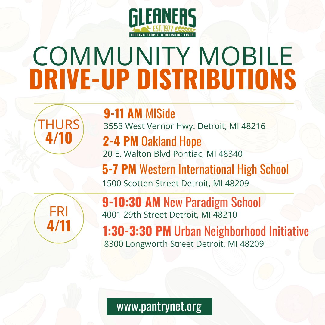 Gleaners is hosting several drive-up food distributions this week, which are free and open to the public.
🍏
View the full schedule here: bit.ly/3SSkyfK
❄️ 
Gleaners monitors the weather for safe operating conditions. Please check PantryNet or Facebook for updates.