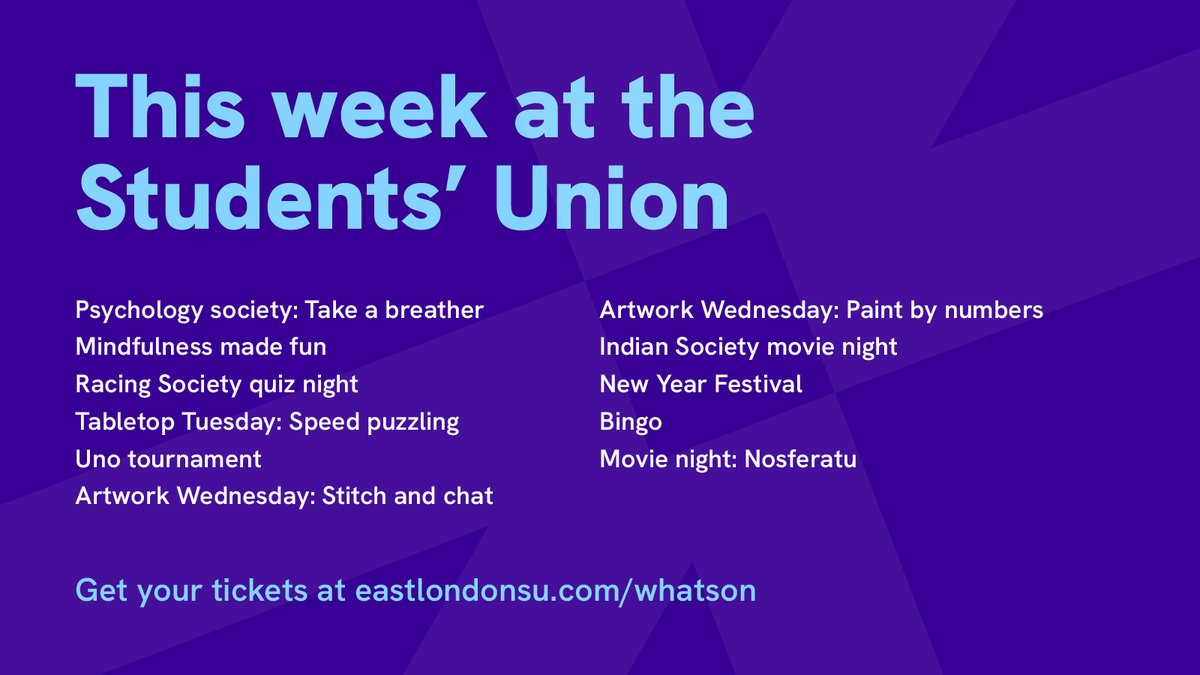 We've got loads of student group events happening this week, in addition to all the great stuff you can expect each week here at East London Students' Union. 

From gaming to crafts, there's something for everyone. Tickets at eastlondonsu.com/whatson 🙌
