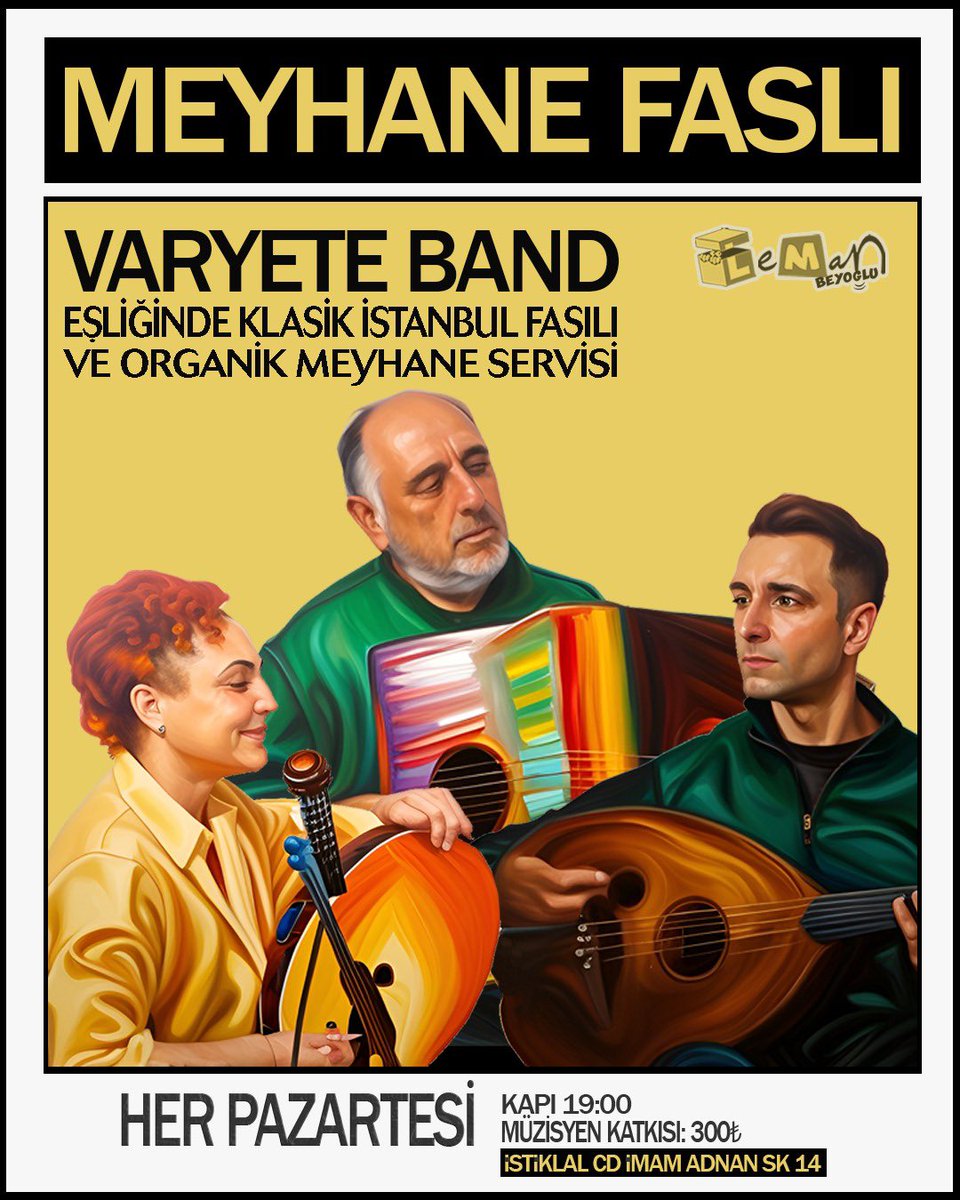 Pazartesi akşamları fasıllı meyhanemiz Mamed Cafarov kaptanlığında Varyete İstanbul'dan, İstanbul fasılı. 
Mezeler, ara sıcaklar, ana yemekler bildiğiniz istanbul meyhanesi, canlı.
Erişilebilir, uygun fiyatlı, organik yetişmiş ürünlerden mamul. 

Gelin! Dostlarınızı da getirin