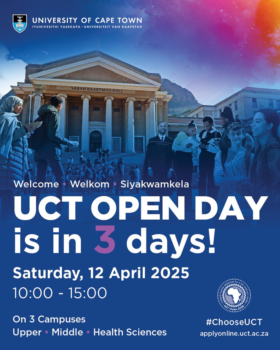 Are you curious about what studying at UCT is like?

The annual UCT Open Day is your chance to step onto campus, meet lecturers and students and experience the energy of university life. Join us on Saturday, 12 April 2025 across our three campuses – upper, middle and health