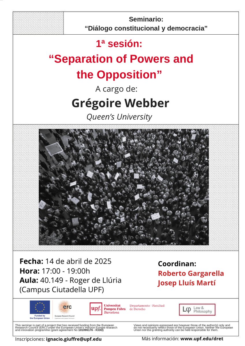 Ignacio Giuffré (@ignaciogiuffre) on Twitter photo We're excited to host Grégoire Webber discussing his chapter “Separation of Powers and Opposition” from “The Cambridge Handbook of Constitutional Theory” (edited by <a href="/rpbellamy1/">Richard Bellamy 🇺🇦</a> & <a href="/jeff_a_king/">Jeff King</a>) next Monday at <a href="/DretUPF/">Dret UPF</a>, in our seminar coordinated with <a href="/Rgargarella/">roberto gargarella</a> & <a href="/jlmarti2075/">José Luis Martí</a>! We're excited to host Grégoire Webber discussing his chapter “Separation of Powers and Opposition” from “The Cambridge Handbook of Constitutional Theory” (edited by <a href="/rpbellamy1/">Richard Bellamy 🇺🇦</a> & <a href="/jeff_a_king/">Jeff King</a>) next Monday at <a href="/DretUPF/">Dret UPF</a>, in our seminar coordinated with <a href="/Rgargarella/">roberto gargarella</a> & <a href="/jlmarti2075/">José Luis Martí</a>!