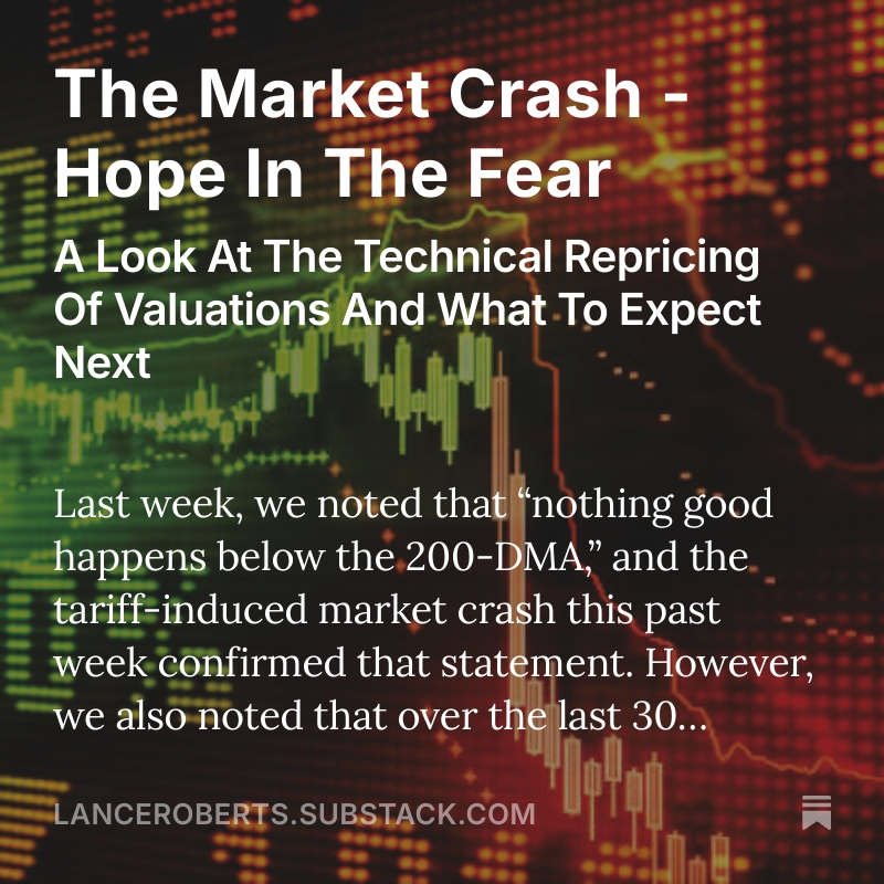 LanceRoberts's tweet image. The Market Crash - Hope In The Fear 
I usually publish my #technical blog on Tuesday, but with everything going on, I wanted to get this out this morning. 
We dig into the #valuation reversion, look at the #technicals and layout our next steps for #portfolios.