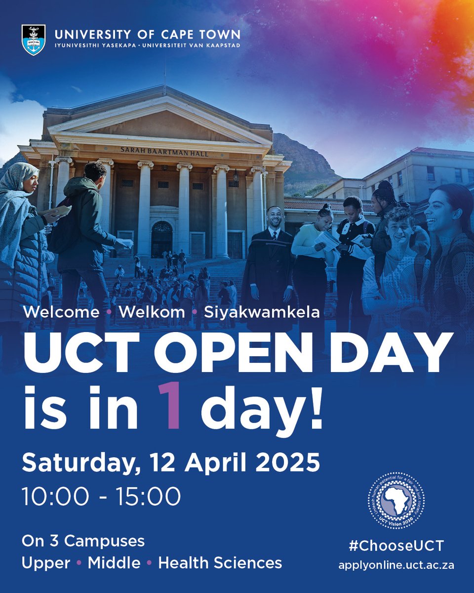 The day is almost here!

The annual UCT Open Day will take place on Saturday, 12 April 2025, from 10:00 to 15:00 and will run across three locations – upper, middle and health sciences campuses.

The UCT Open Day programme is a perfect opportunity to gain firsthand insight into