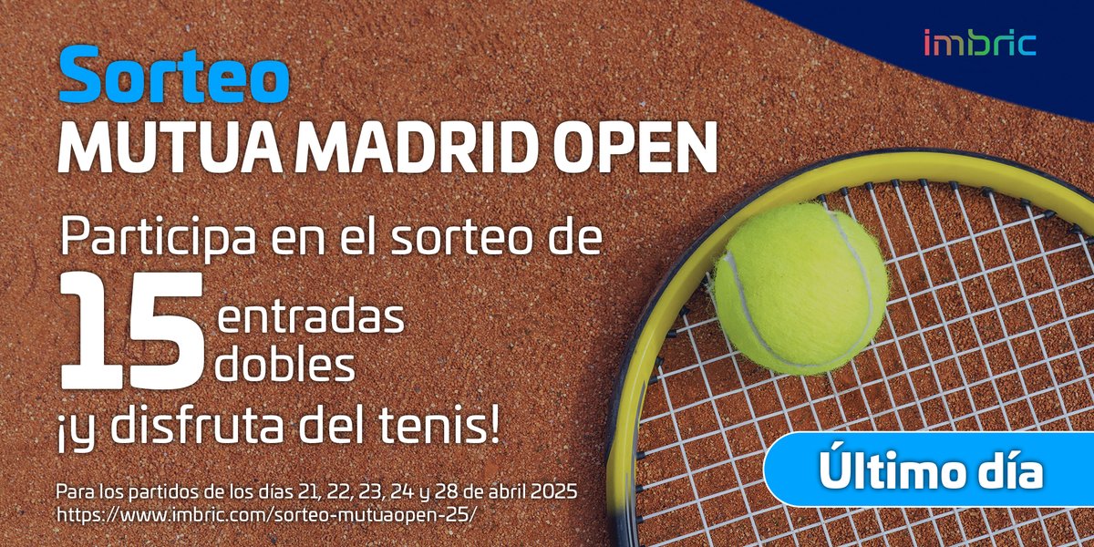 ¡Regalamos 15 entradas dobles para el #MutuaMadridOpen 🎾 Participa en el #sorteo:

▪️Sigue nuestro perfil si aún no lo haces 😃
▪️Haz retweet a esta publicación.
▪️Comenta con #MMOPEN25IMBRIC con quién irías a disfrutar del partido.

SUERTE🤞🏻#MMOPEN25 #Tenis #Madrid
