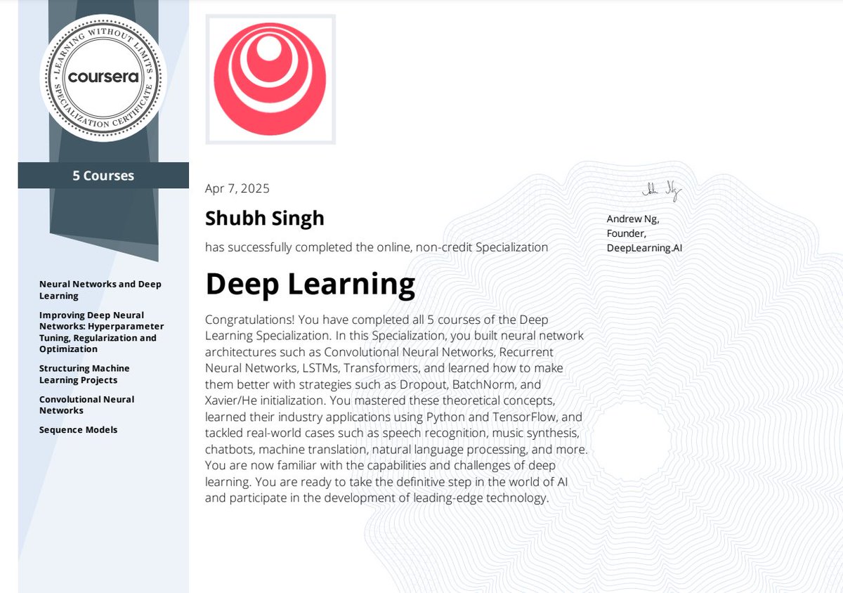 iShubh26's tweet photo. Celebrating a milestone in my Deep Learning Journey, after avoiding the last 2 assignments in the course for months I finally did them today and completed the Deep Learning Specialization by https://t.co/1GKskd19jh. 

Thanks @AndrewYNg for such valuable lessons.
 #Coursera https://t.co/ZPwRXZb0kj