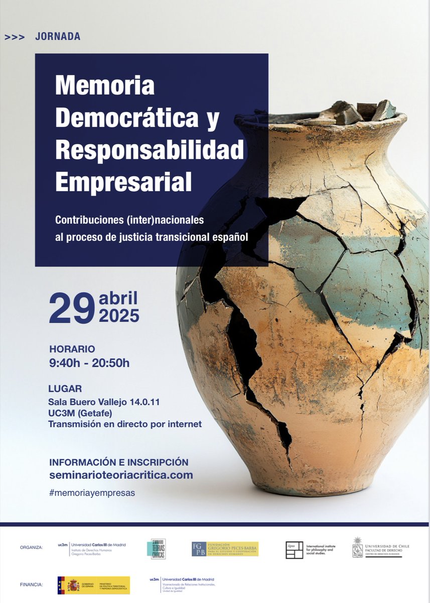 📢 El @IDHGPecesBarba de la <a href="/uc3m/">UC3M</a> organiza una jornada pionera en España sobre responsabilidad empresarial y justicia transicional. ¡No te lo pierdas!

🗓️ 29 abril - 9:40h
📍 Sala Buero Vallejo (14.0.11), Campus Getafe, UC3M

🔗 Inscríbete: docs.google.com/forms/d/1uyDHU…