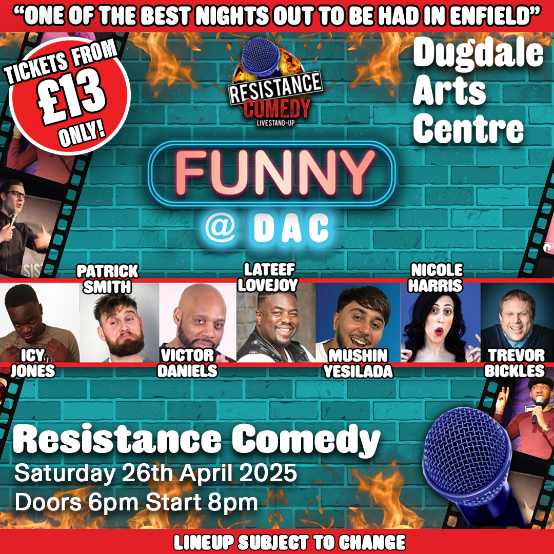 😂 Funny @ DAC returns! Join us at Dugdale Arts Centre, Enfield on Sat, Apr 26th for a hilarious comedy night. Top lineup, sharp wit &amp; licensed bar. Doors 6pm, show 8pm. 
Grab tickets now: qrco.de/ResistanceDAC11

 #Comedy #Enfield #FunnyAtDAC