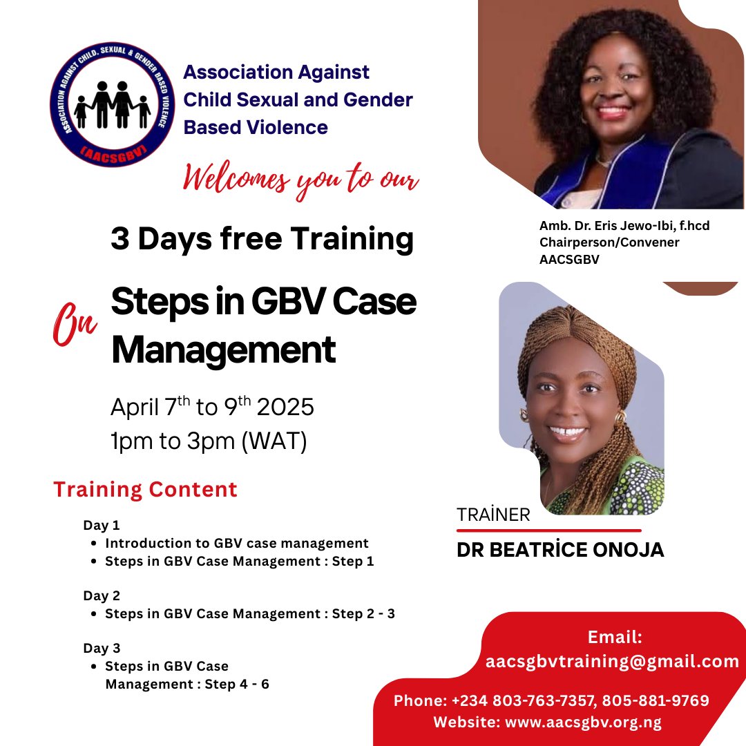 This #training will provide essential knowledge and practical #skills to improve #GBV response efforts through expert-led sessions and collaborative #learning.

Secure Your Spot Now!
Interested participants should register using the provided link: docs.google.com/forms/d/e/1FAI…