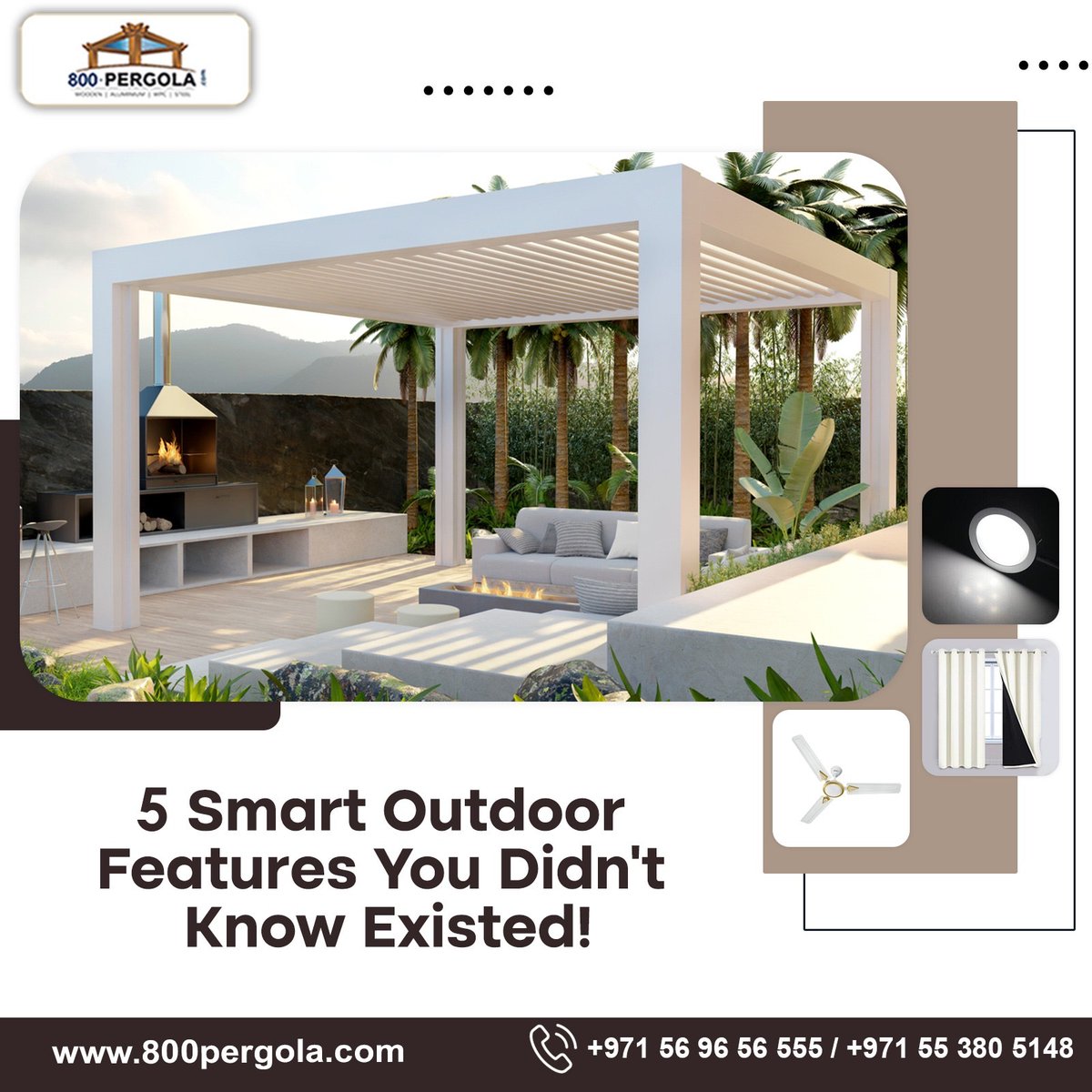 800Pergola's tweet image. Outdoor spaces are getting smarter! Here are 5 Smart #OutdoorFeatures You Didn’t Know Existed:
1️⃣ #MotorizedPergolas
2️⃣ Adjustable #Louvers
3️⃣ Automated Lighting
4️⃣ Weather Sensors
5️⃣ Remote Operated Fly Screens
Ready to turn your outdoor space?
+971 56 96 56 555