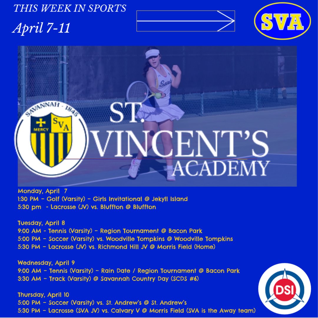 SVAA (@svaathletics) on Twitter photo This week at St. Vincent'sπ«, the Saints are bringing their A-game πͺ from April 7β11! β½πΎπββοΈ Letβs rally together π£ and support our teams as they compete with heart π. Stay tuned! πΈπ₯ As always, Go Saints! ππ @svaathletics #SVAthletics #tennis #soccer #golf #trackandfield This week at St. Vincent'sπ«, the Saints are bringing their A-game πͺ from April 7β11! β½πΎπββοΈ Letβs rally together π£ and support our teams as they compete with heart π. Stay tuned! πΈπ₯ As always, Go Saints! ππ @svaathletics #SVAthletics #tennis #soccer #golf #trackandfield