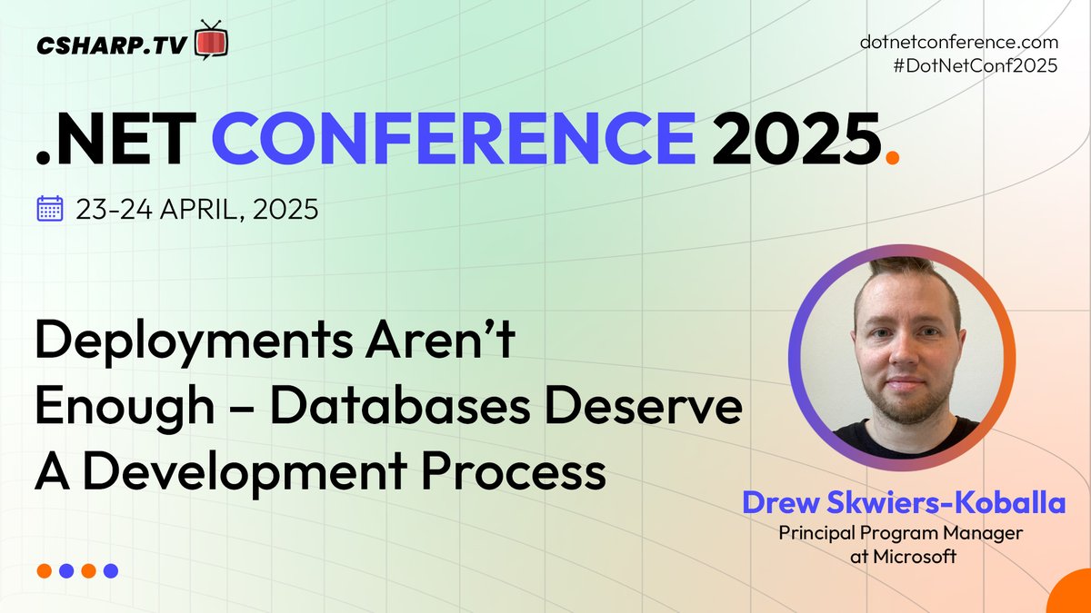 CSharpDotTV's tweet image. Still, deploying database changes manually?
Let’s fix that.
Join @SysAdminDrew at #DotNetConference 2025 as he shares how to give your databases the development process they deserve.
🗓️ April 23–24
Register now: dotnetconference.com
#DotNetConf2025 #DatabaseDev #DevOps…